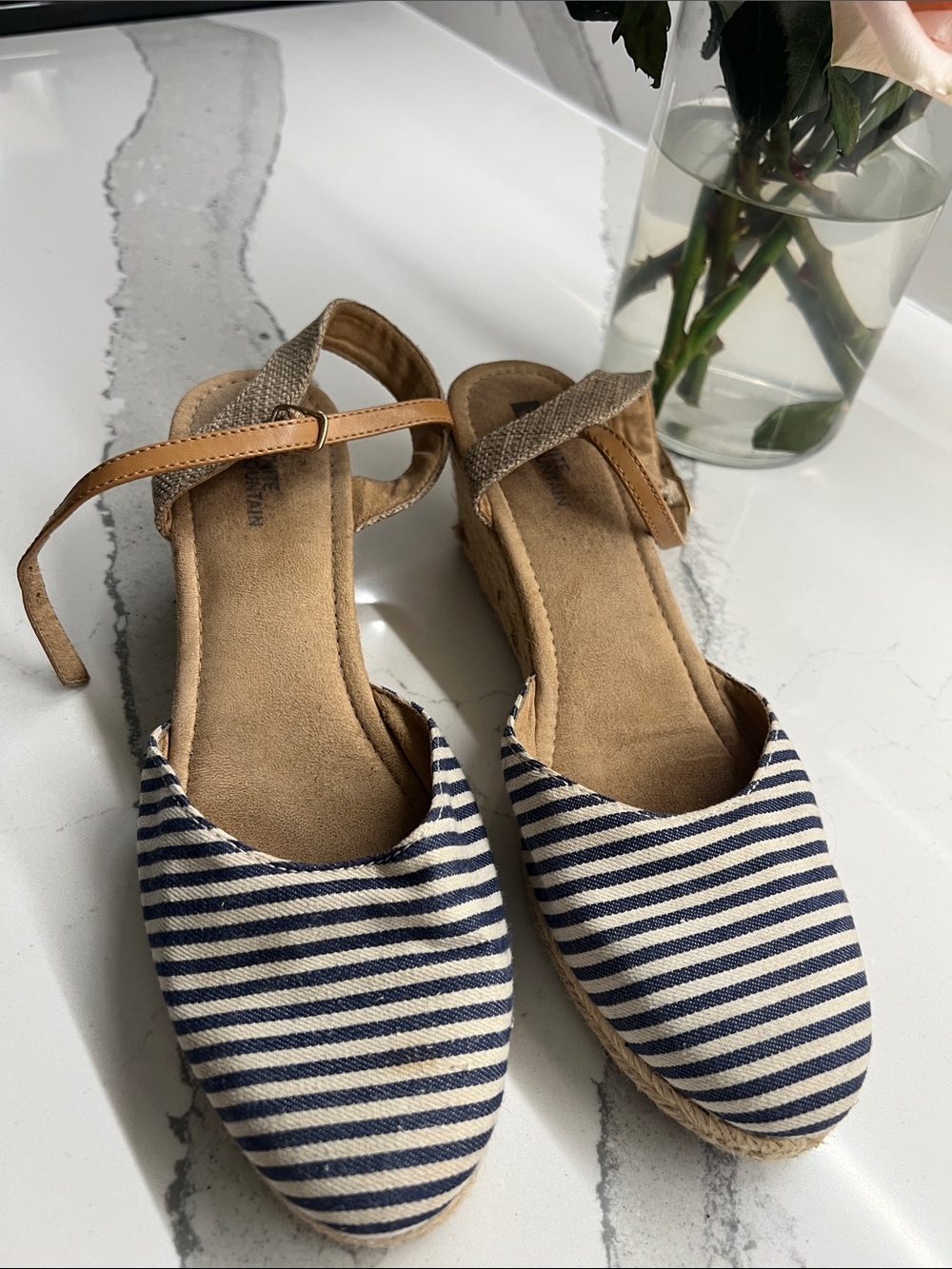 White Mountain Navy and White Striped Espadrille Wedges